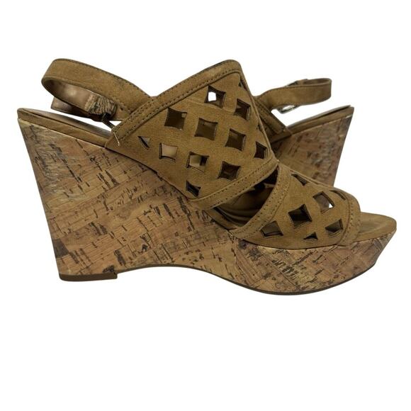 Franco Sarto Shea Tan Perforated Cut Out Cork Peep Toe Wedge Heels Womens Size 7 - Picture 5 of 11
